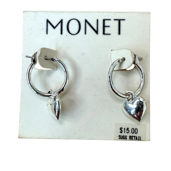 Monet Silver-Tone Hoop Earrings With Dangle Heart Charm - Picture 1 of 6